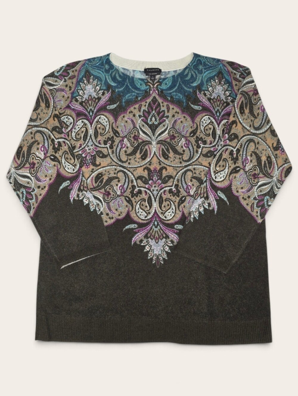 Women's Talbots Brown Paisley Crewneck Cashmere Sweater with 3/4-length Sleeves